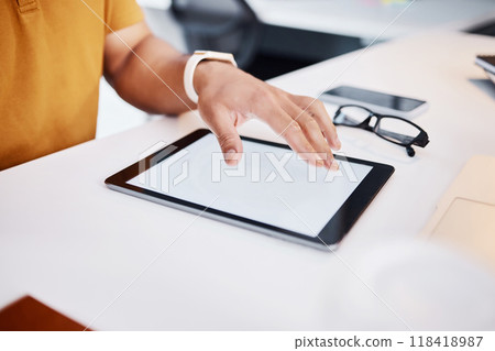 Tablet mockup, screen and man hands working on advertising copy space, system development or brand promotion. UI software, logo mock up or business person typing web search, online review or research Tablet mockup, screen and man hands working on advertising copy space, system development or brand promotion. UI software, logo mock up or business person typing web search, online review or research 118418987