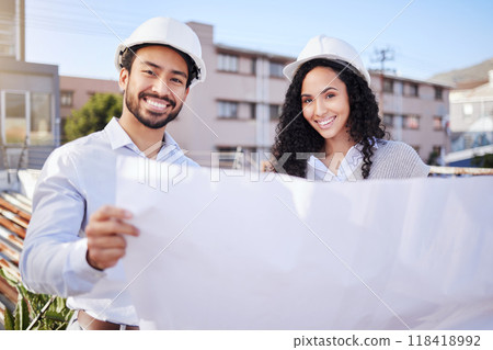 Blueprint, construction site or engineering people portrait in development project planning or collaboration. Teamwork, smile or happy industrial designers and architecture paper, manager or building Blueprint, construction site or engineering people portrait in development project planning or collaboration. Teamwork, smile or happy industrial designers and architecture paper, manager or building 118418992