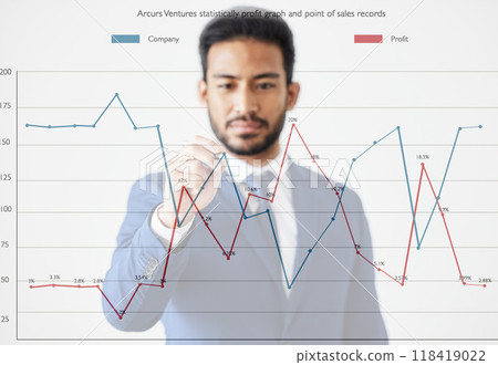 Chart, studio or business man writing financial statistics overlay, sales insight or investment data, line graph or analytics. Revenue analysis, company profit or corporate person on white background 118419022