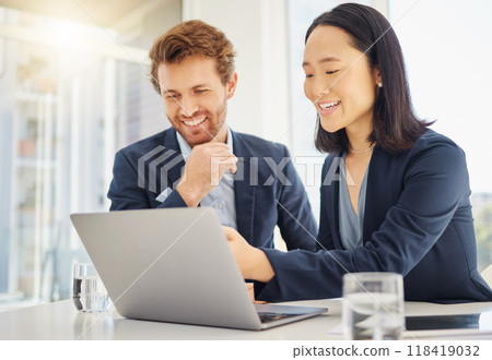 Business man, woman and laptop for discussion, reading and planning with web research in office. Japanese businesswoman, businessman and computer for diversity, teamwork or collaboration at meeting 118419032