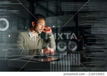 Night, overlay or man in the stock market to research data analytics or financial investment strategy online. Fintech ai, laptop or trader in dark workplace with hologram reading cryptocurrency news 118419063