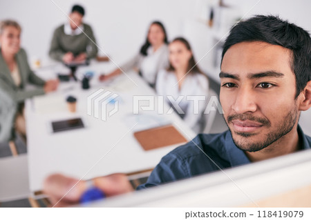 Writing, whiteboard and people, manager and business presentation in training, brainstorming or planning. Leader, asian person or presenter with team coaching, clients proposal or meeting ideas 118419079