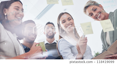 Planning, writing and business people on glass board for teamwork, brainstorming and schedule or workflow notes. Happy women, manager and group or team with sticky note ideas, solution and window Planning, writing and business people on glass board for teamwork, brainstorming and schedule or workflow notes. Happy women, manager and group or team with sticky note ideas, solution and window 118419099