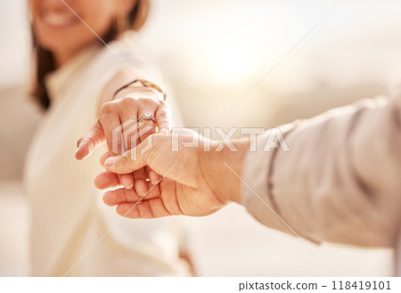 Couple holding hands, engagement and ring, wedding proposal with love and commitment outdoor. Care, trust and relationship with people outside and marriage, life partner and closeup of jewelry 118419101
