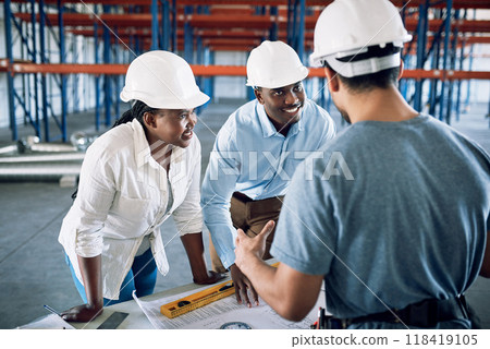 People, architect and blueprint in team construction, planning or architecture layout on site. Engineer group or contractor in meeting discussion on floor plan, brainstorming or building strategy 118419105