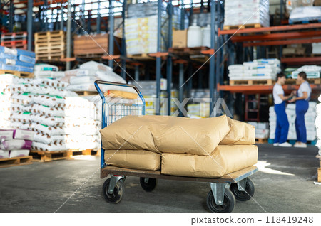 Trolley loaded with bags on background of warehouse Trolley loaded with bags on background of warehouse 118419248