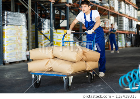 Young guy rolls cart with bags in warehouse Young guy rolls cart with bags in warehouse 118419313