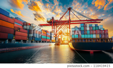 Logistics, container Cargo ship transportation with working crane bridge in deep sea port for import export. 118419415