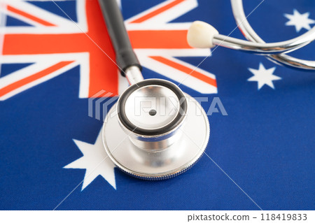 Stethoscope on Australia flag, Business and finance. flag, Business and finance. flag, Business and finance. 118419833