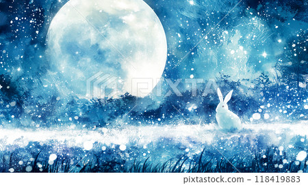 夢幻般的滿月之夜和兔子水彩插圖背景 夢幻般的滿月之夜和兔子水彩插圖背景 118419883