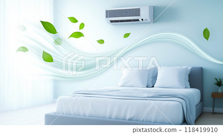 Air conditioner with fresh and cool flow wide waves with green nature leaf around in living room. 118419910