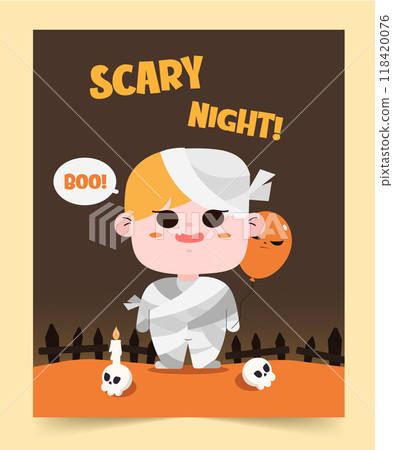 Scary night design with kid in mummy costume. Vector illustrations. 118420076