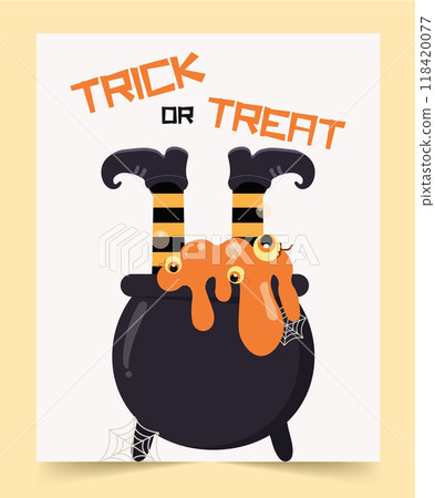 Trick or Treat design with witch in cauldron. Vector illustrations. Trick or Treat design with witch in cauldron. Vector illustrations. 118420077