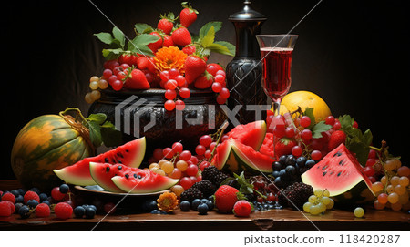 A still life of melon, cherries and strawberries , Generate AI 118420287