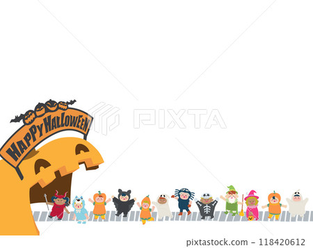 Children in costumes heading to a Halloween event venue 3 118420612