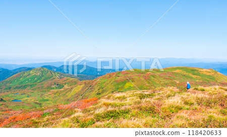 Climbing Mt. Yakeishi in autumn (peak of Mt. Yakeishi): View towards Mt. Minami Honnai and Mt. Mokko Climbing Mt. Yakeishi in autumn (peak of Mt. Yakeishi): View towards Mt. Minami Honnai and Mt. Mokko 118420633
