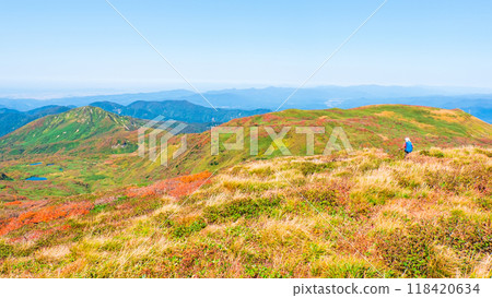 Climbing Mt. Yakeishi in autumn (peak of Mt. Yakeishi): View towards Mt. Minami Honnai and Mt. Mokko Climbing Mt. Yakeishi in autumn (peak of Mt. Yakeishi): View towards Mt. Minami Honnai and Mt. Mokko 118420634