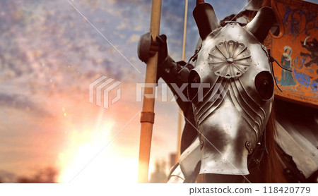 Portrait of War Horse in Armor 118420779