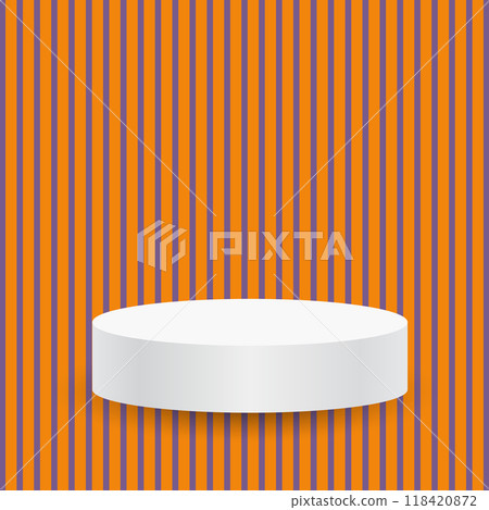 White blank podium stand to show product on orange and violet color striped background for halloween theme concept, Vector illustration 118420872