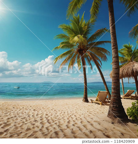 Sunny sandy beach with palm trees. 118420909