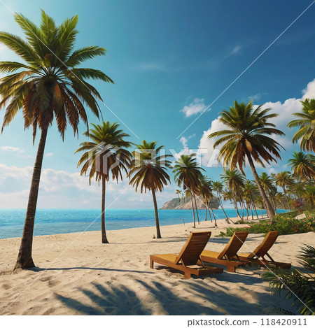 Sunny sandy beach with palm trees. 118420911