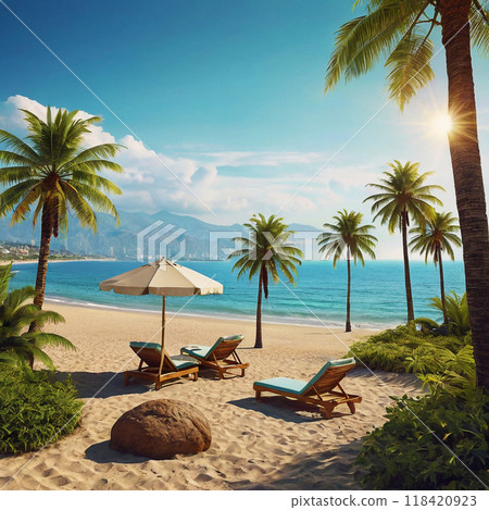 Sunny sandy beach with palm trees. 118420923