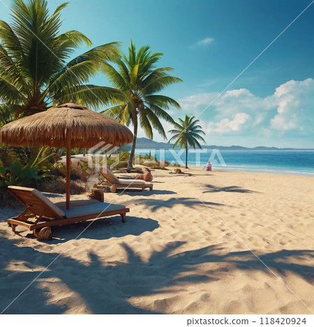 Sunny sandy beach with palm trees. 118420924
