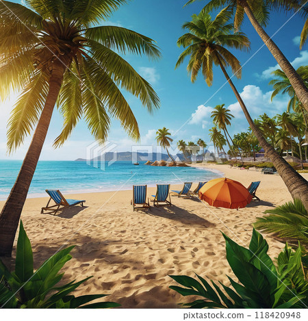 Sunny sandy beach with palm trees. Sunny sandy beach with palm trees. 118420948