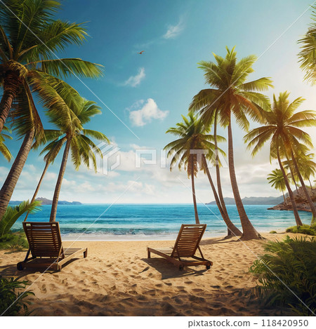 Sunny sandy beach with palm trees. Sunny sandy beach with palm trees. 118420950