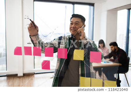 Business professional brainstorming with sticky notes while on phone Business professional brainstorming with sticky notes while on phone 118421040