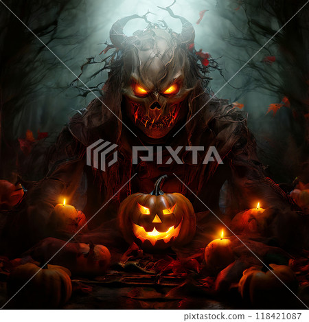 Creepy masked figure among Halloween pumpkins 118421087