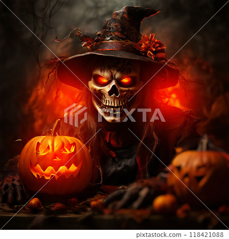 Creepy masked figure among Halloween pumpkins 118421088
