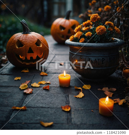Halloween glowing pumpkin in a dark courtyard 118421090