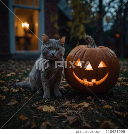 Gray cat with a Halloween glowing pumpkin 118421096