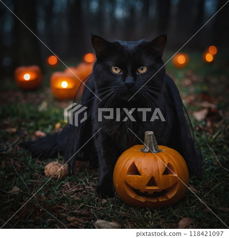 A black cat with lots of Halloween pumpkins 118421097