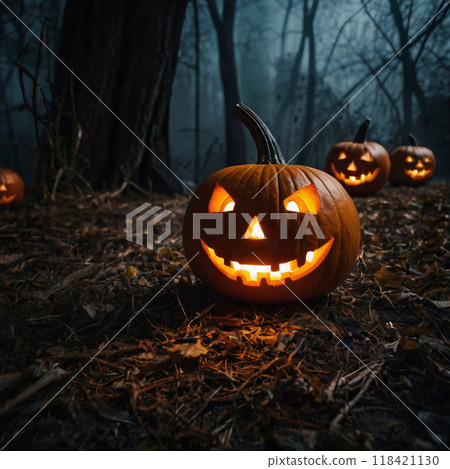 Lots of Halloween pumpkins in a dark forest 118421130