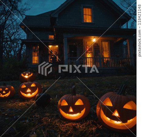 Lots of Halloween pumpkins in a dark courtyard 118421148