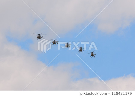 Formation flight of Japan Ground Self-Defense Force OH-6D observation helicopter 118421179