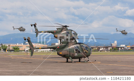 Japan Ground Self-Defense Force OH-6D observation helicopter taking off Japan Ground Self-Defense Force OH-6D observation helicopter taking off 118421180