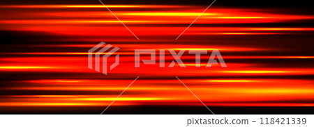 Neon glowing horizontal stripes background. Bright red hot speed light effect. Magic trail flare lines texture. Luminous laser beams and rays wallpaper design. Sparkling neon streaks backdrop. Vector 118421339