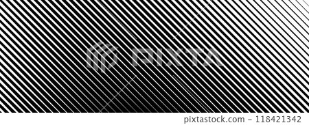 Diagonal thin line halftone gradation texture. Fade oblique stripe gradient background. Black slanted pattern backdrop. Vanishing parallel stripe wallpaper for overlay, print, cover. Vector 118421342