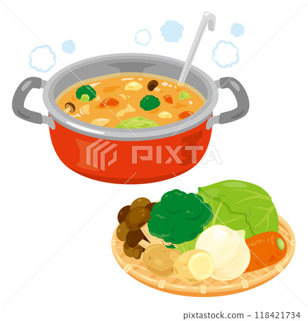 Vegetable soup in a pot and vegetables in a colander 118421734