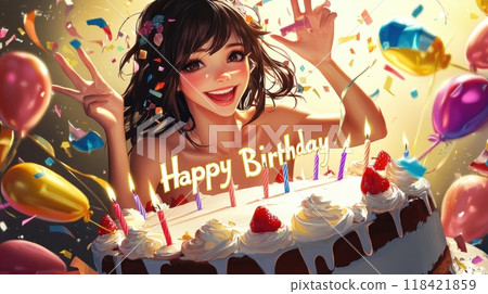 woman with cake, inscription "Happy Birthday" 118421859