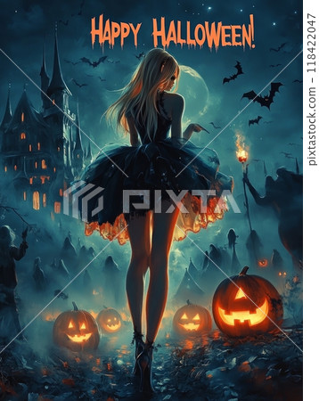 vampire woman on the background of the castle halloween. 118422047