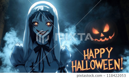 vampire woman on the background of the castle halloween. vampire woman on the background of the castle halloween. 118422053