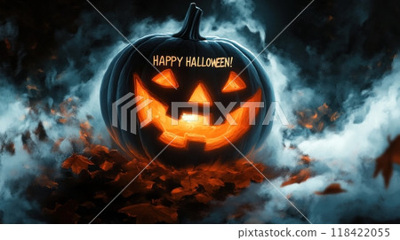 pumpkin with a smile for halloween. The inscription "HAPPY HALLOWEEN" pumpkin with a smile for halloween. The inscription "HAPPY HALLOWEEN" 118422055