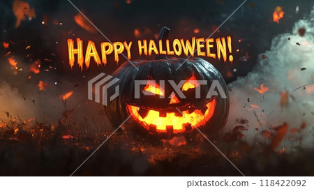 pumpkin with a smile for halloween. The inscription "HAPPY HALLOWEEN" pumpkin with a smile for halloween. The inscription "HAPPY HALLOWEEN" 118422092