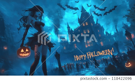 vampire woman on the background of the castle halloween. 118422096