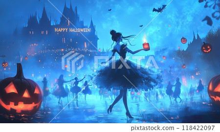 vampire woman on the background of the castle halloween. vampire woman on the background of the castle halloween. 118422097