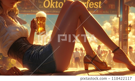 woman with beer at Oktoberfest. inscription "Oktoberfest" 118422117